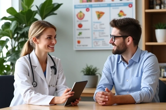 A nutritionist consulting with a client in a modern, bright office setting.