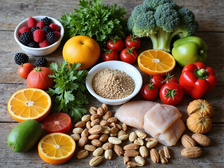 A diverse selection of fresh, healthy ingredients on a wooden table, including fruits, vegetables, nuts, and whole grains, symbolizing tailored dietary planning for various health conditions.